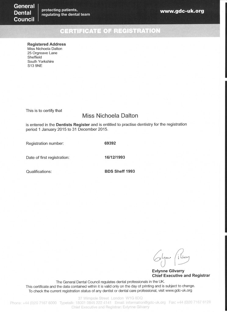 GDC Registration Certificate 2015 NCD Orgreave Dental Surgery